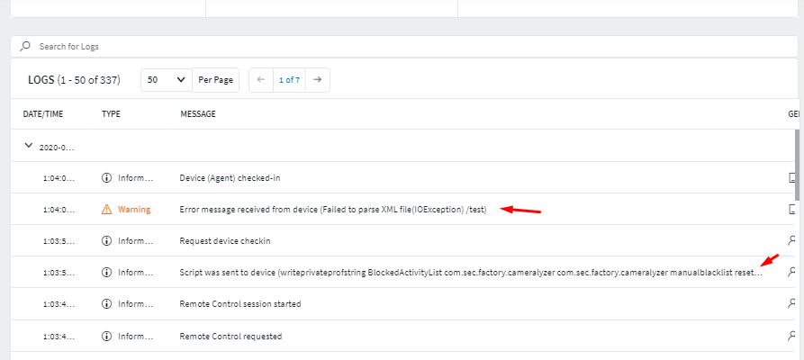 device error message after sending script