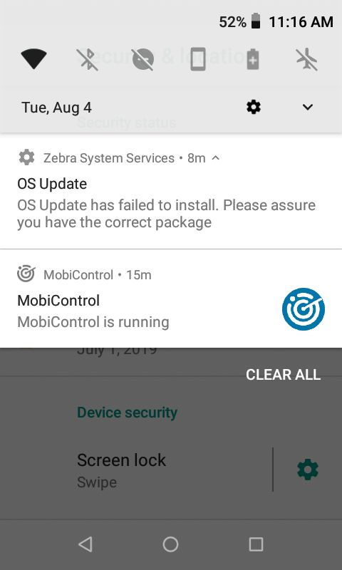 Screen shot of error message