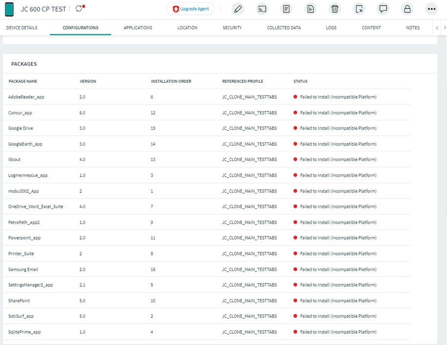 screenshot of profile failure on a7 lite android 11