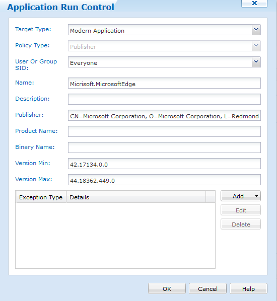 Screenshot of Application Run Control RUle
